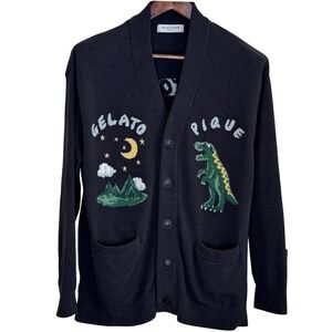 Gelato Piqué Homme Men's M Cardigan Plush Fleece Dinosaur Moon Graphic Dark Gray